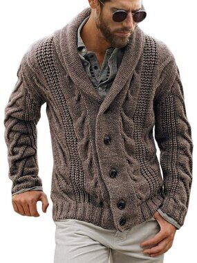🆕Men's Light Brown Chunky Cable Knit Cardigan Sweater Shawl Collar Button Down
